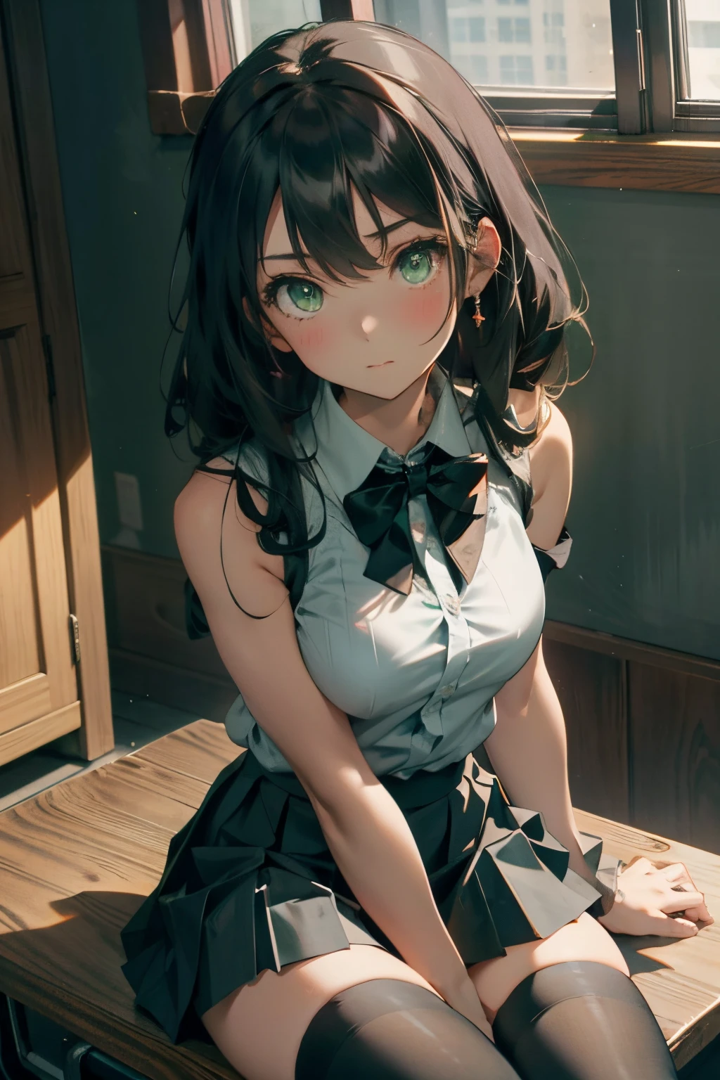 an anime girl sitting on top of a desk, 1girl, solo, long hair, black skirt, shirt, thighhighs, sleeveless shirt, sitting, sleeveless, pleated skirt, looking at viewer, indoors, off shoulder, collared shirt, open clothes, , black thighhighs, green eyes, desk, bowtie, shy, bow,1girl, Cecilia,more_details:-1, more_details:0, more_details:0.5, more_details:1, more_details:1.5