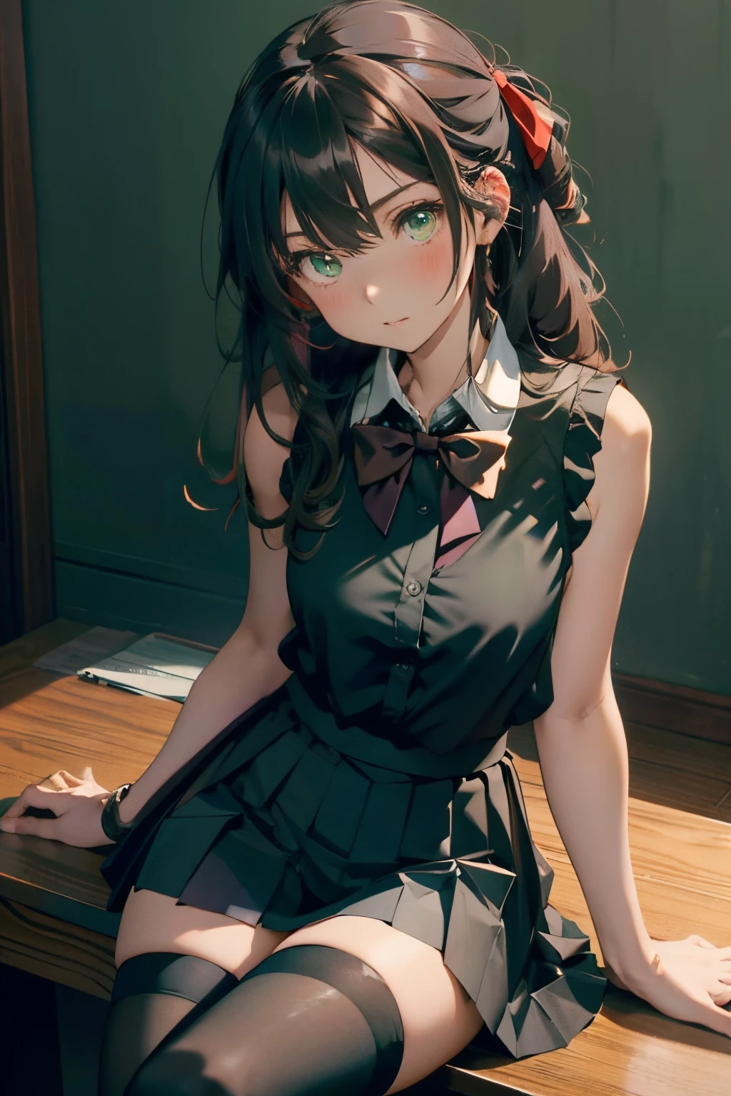 an anime girl sitting on top of a desk, 1girl, solo, long hair, black skirt, shirt, thighhighs, sleeveless shirt, sitting, sleeveless, pleated skirt, looking at viewer, indoors, off shoulder, collared shirt, open clothes, , black thighhighs, green eyes, desk, bowtie, shy, bow,1girl, Cecilia,more_details:-1, more_details:0, more_details:0.5, more_details:1, more_details:1.5
