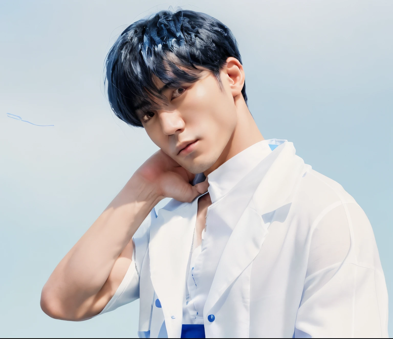 black haired japanese man　shorth hair　Muscular arms　thick arms　Written by Met　portlate　　studio　　hight resolution　4K 　late 20s age　　with a blue background　white  shirt　Manteau blanc　sunlight