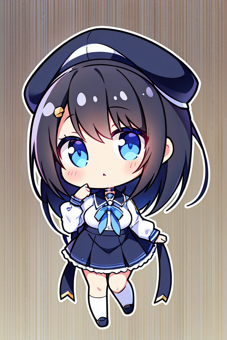 an anime girl, 1 person, black hair, hair clip on the right side of her bangs, black cap, light blue eyes, white women's shirt, small light blue bow on the chest, office uniform, shirt  close-fitting, tight skirt, stockings,chibi,full body, big breasts, front view, solo