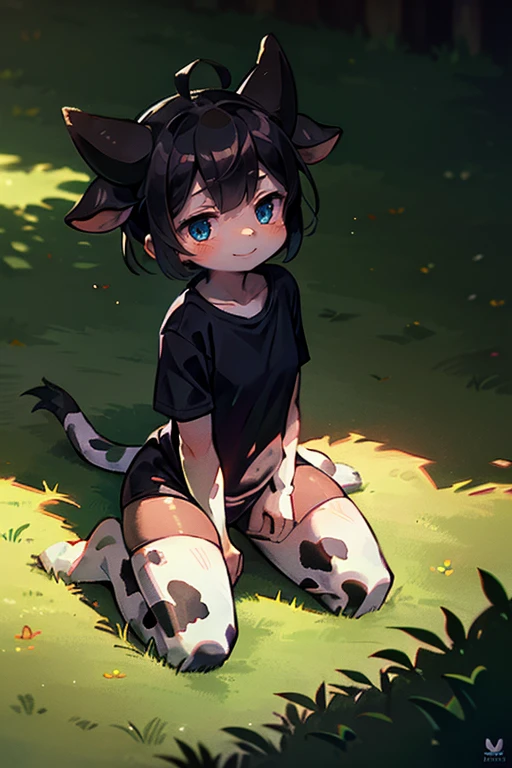 masterpiece, extremely detailed, volumetric light, 1girl, cow themed succubus, black and white hair, cow ears, cow tail, black and white skin, cow eyes, smile, sunny,  in a meadow, blushing, (beautiful detailed eyes), (best shadow), full body