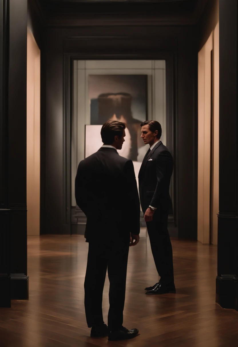 The image is of Patrick admiring a rare and expensive art piece in a dimly lit gallery, with a cold and unfeeling expression as he gazes at the masterpiece.,American Psycho,Patrick is a tall, tan, muscular man with slicked back brown hair, and an expensive suit. Looks like Christian Bale, male
