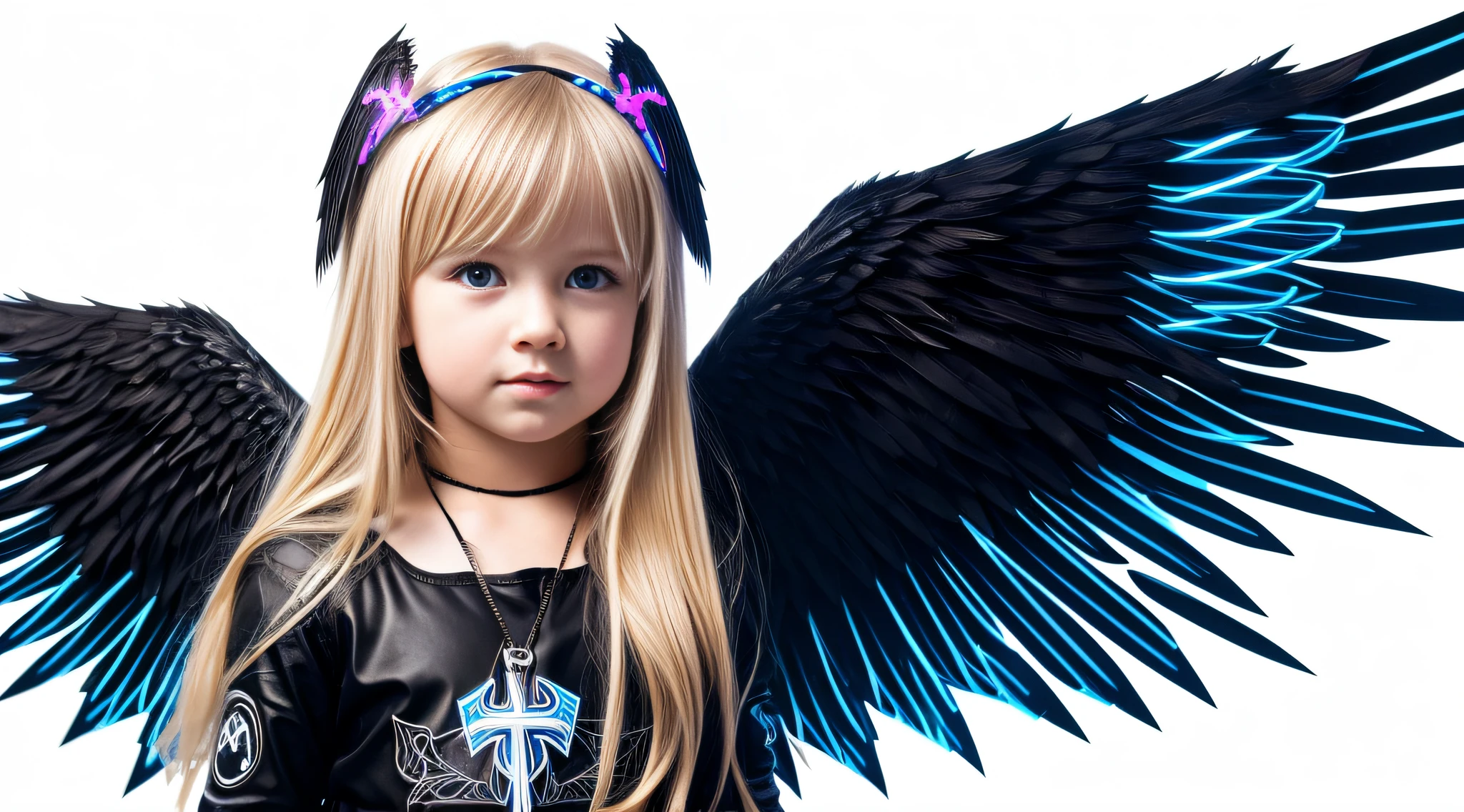 ta blonde child girl LONG HAIR, com asas em um fundo branco, Asas pretas ligeiramente queimadas, Asas Negras, lasers azuis, fundo preto. neon cross,