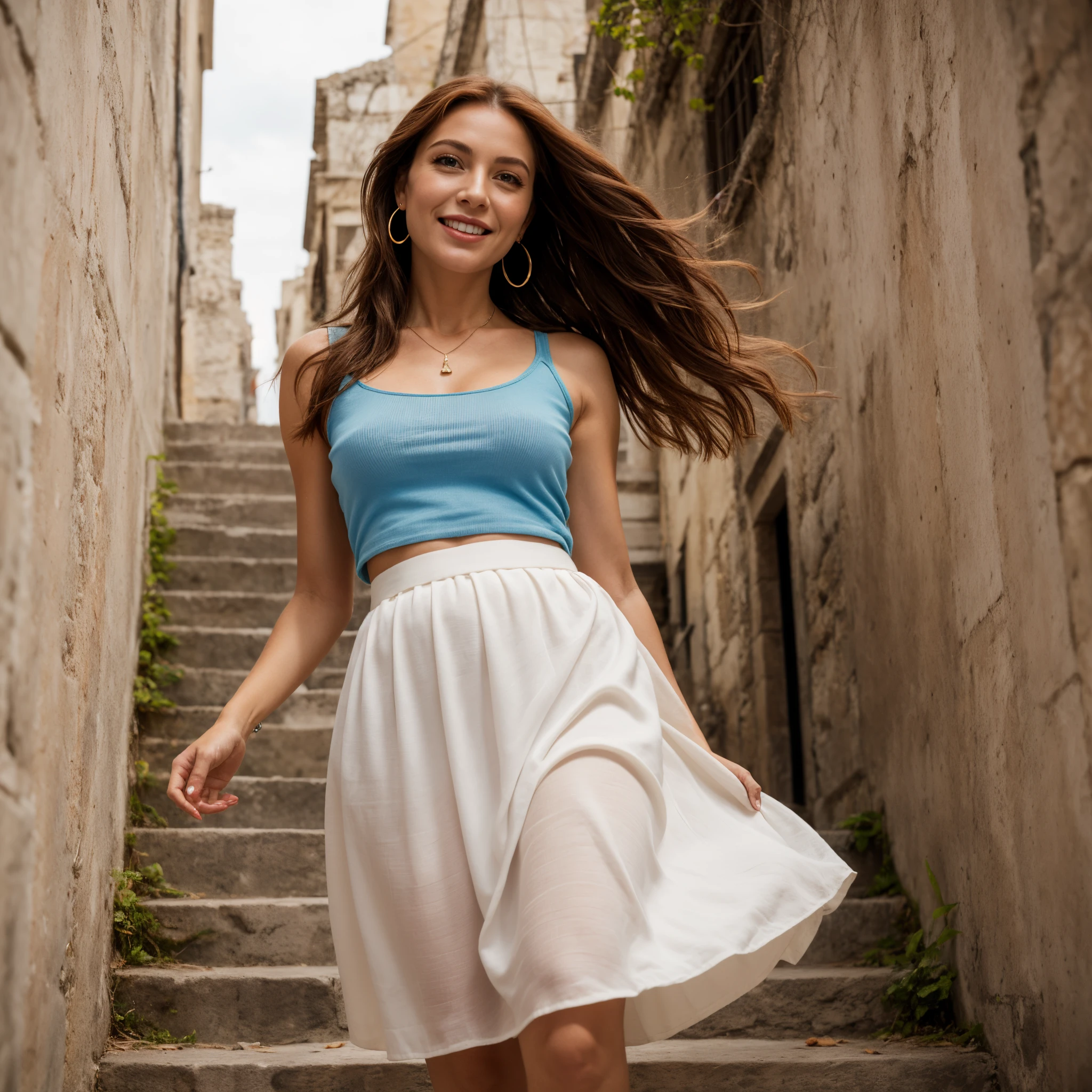 Documentary photo of a gorgeous 50 years old redhead woman goes down the stairs in a alley of Matera, (beautiful face:1.3), real skin pores, skin imperfections, perfect face. Long loose hair. (1woman), She wears the classic long white vestal toga of the ancient Greeks, long white skirt, (long white vestal toga:1.3), bare shoulders, sleeveless, (long white skirt moved by the wind, raised by the wind). Going down the steps in sassi_di_matera. Necklace and earrings, slightly open mouth, moles on skin. The wind lifts her toga showing off her panties. Upskirt in bright sunny day. High-heeled shoes. Partially visible vulva behind panties. Looking at viewer smiling, perfect beautiful face, red slightly separated lips. Photorealistic solo woman. Partially visible hairy genitals. Clear blue cloudy sky. Frontal view. Photorealistic image.