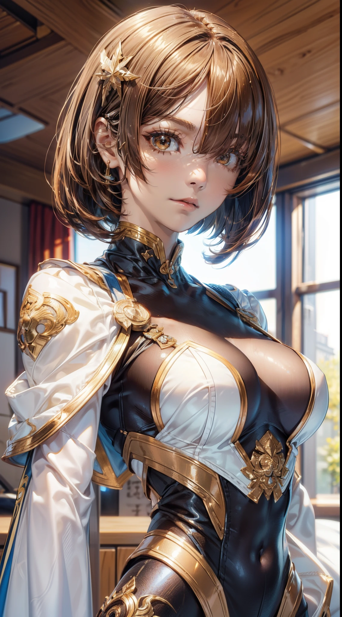 gymnastic suit,1girl in,(Ultra detailed skin),Curve,Petite,Beautiful breasts,Large breasts,pale skin,pointed breast,(Fantasy Art,Highest image quality,Hyperrealist portrait,(8K),Ultra-realistic,Best Quality, High quality, High Definition, high quality texture,high detailing,Beautiful detailed,fine detailed,extremely details CG,Detailed texture,realistic representation of face,masutepiece,presence,Dynamic),(Thin hair),(Soft hair),(Bob Hair:1.5),Swept long bangs,very light coppery amber hair,Hair over one eye