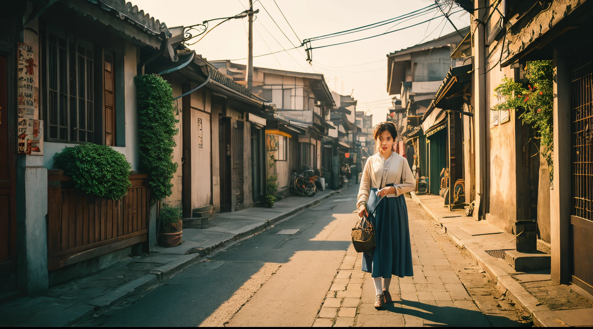 A girl at the entrance of an old Shanghai lane, surrounded by low, old houses with whitewashed walls covered in ivy. The girl, approximately , stands at the entrance with her big eyes and high nose bridge, resembling someone from Xinjiang. The lane is quiet and filled with a nostalgic atmosphere, evoking memories of a bygone era. The texture of the scene can be described as a vintage illustration, providing a sense of historical charm. The overall image quality should be of the highest standard, with 4k resolution and ultra-detailed features. The color palette should highlight the warm tones of the traditional Shanghai architecture, while the lighting should create a soft glow to enhance the ambiance. To add depth to the image, additional details such as blooming flowers or a bicycle leaning against the wall can be included. The prompt should also emphasize the realism and photorealistic nature of the final artwork, ensuring that every aspect of the scene is faithfully portrayed.