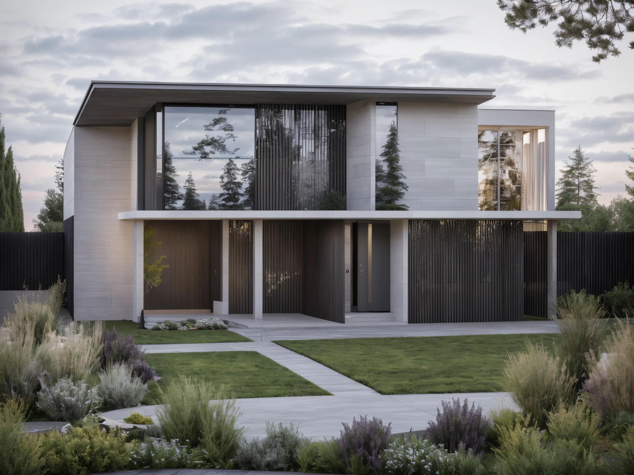 (masterpiece),(high quality), best quality, real,(realistic), super detailed,(full detail),(4k),8k,modern house exterior design,Modern architecture,(White and Gray wall),Beautiful_sky,Day_light, no_humans, outdoors,trees,Garden_flower_front_of_building,