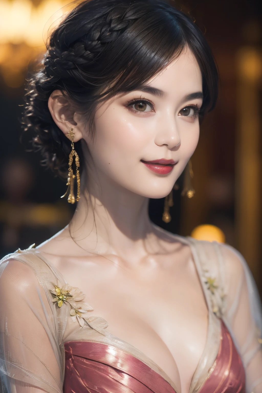 120
(a 20 yo woman,is standing), (A hyper-realistic), (high-level image quality), ((beautiful hairstyle 46)), ((short-hair)), (Gentle smile), (breasted:1.1), (lipsticks), (florals), (Luxurious room), (Depth of field is deep)