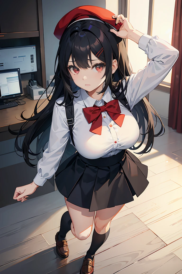 an anime girl, 1 person, black hair, hair clip on the right side of her bangs, black cap, light red eyes, white women's shirt, small light blue bow on the chest, office uniform, shirt close-fitting, tight skirt, stockings,full body, big breasts, front view, solo