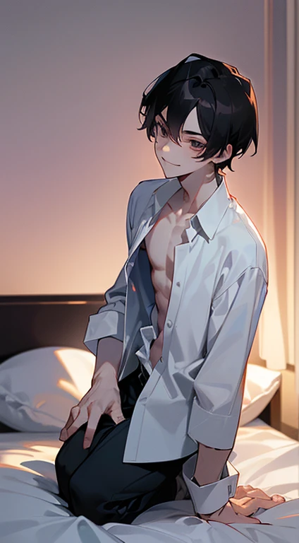 1 Boy, dark hair, white shirt, black slacks, on sheets, kneeling, seiza, (bare one's shirt:1.0), (open clothes:1.5）, cool, sexy, Fascinating, evil smile, pale skin,(background: on bed in bedroom), (Facing forward.:1.0),Looking forward,sunset, high quality, high resolution, masterpiece