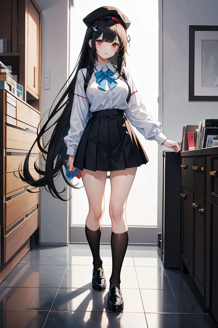 an anime girl, 1 person, black hair, hair clip on the right side of her bangs, black cap, light red eyes, white women's shirt, small light blue bow on the chest, office uniform, shirt close-fitting, tight skirt, stockings,full body, big breasts, front view, solo