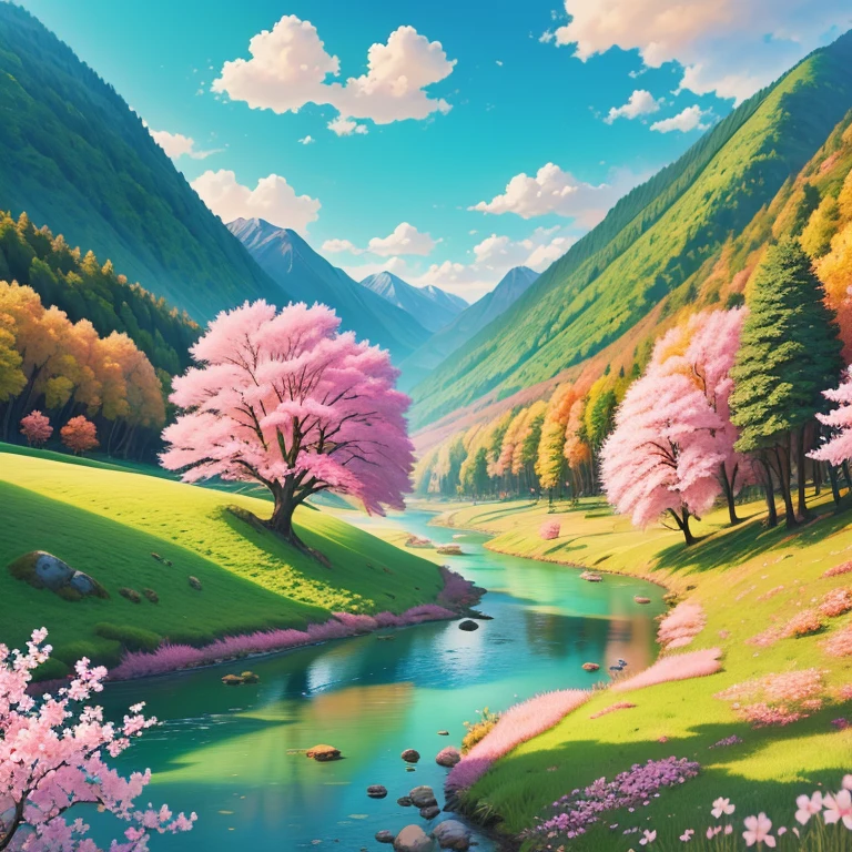 (digital painting),(best quality), (detailed), (illustration), (cartoonish), river flowing, green grass, clouds, small trees, vibrant colors, mountains covered with grass, image focus on river, cherry blossom