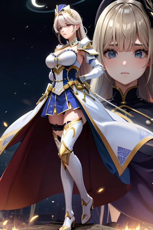 Highest quality, masterpiece, Ultra-high resolution, (Reality: 1.4), Original photo, 3d models & 3d anime, battlefield background, white skirt, blonde hair, female knight armor, white armor, White knight armor, long hair, bangs, white cloak, standing position, white underwear, white panties, skirt turned up, panty shots, blushing, glaring, medium length skirt, pounce pose, Blonde, ponytail, White knight armor, White Skirt, White Cape, White underwear, White panties, Skirt flipped up, Panty shot, blush, Glaring
