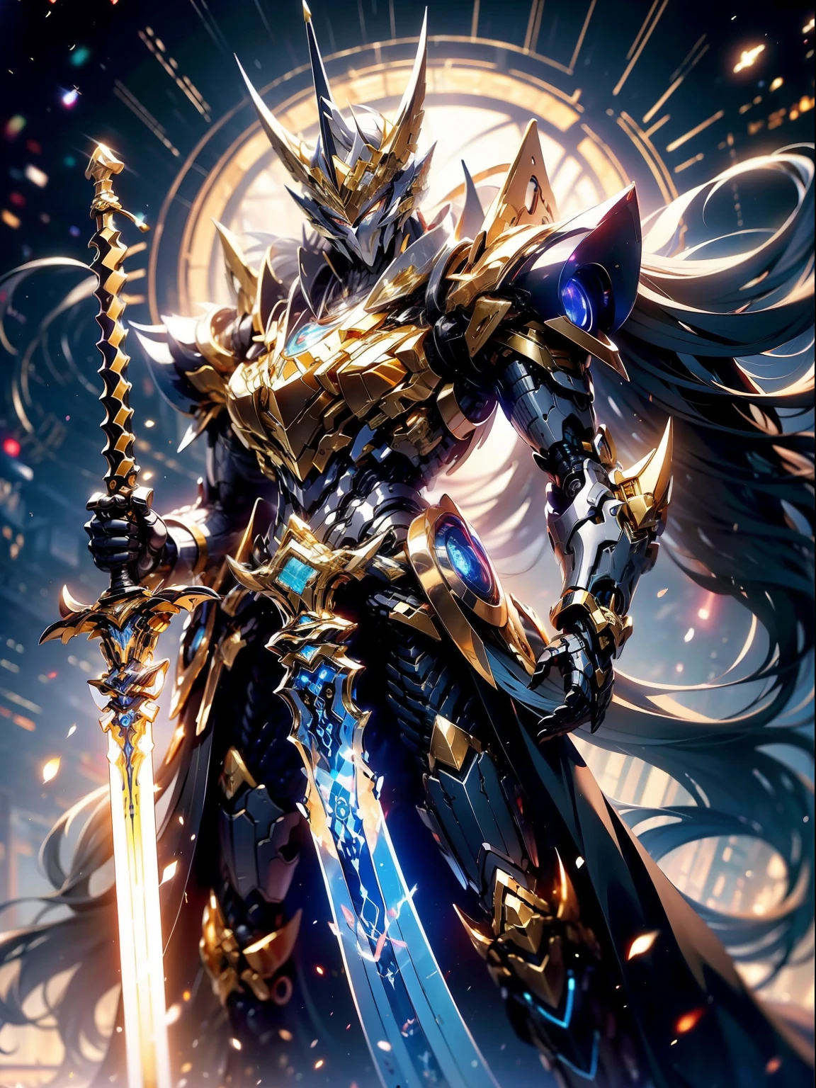 Ultra Wide Shot, Full body shot, (masutepiece) ， best qualtiy， High quality， （A futuristic：1.1）， （Paladin with a light-infused sword, light magic, divine, Mage Wave, Silver and Gold）， movie lights， （exquisite future）， Beautiful and beautiful， ultra-detailliert， amazing composition， floating， depth of fields， （Very detailed CG，Unity 8k壁纸）， （beautiful detail background）， beautiful hair details， dramatic lights， gogetta， mechs，top-quality，超A high resolution，Photorealistic