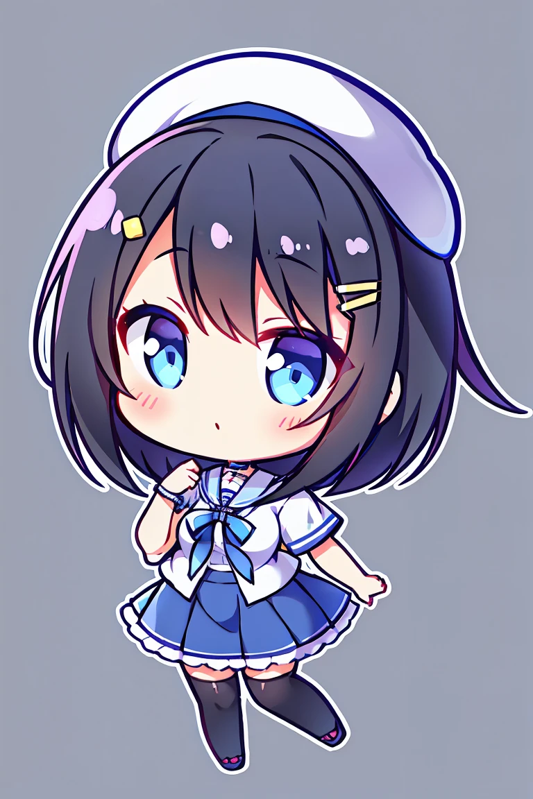 an anime girl, 1 person, black hair, hair clip on the right side of her bangs, black cap, light blue eyes, white women's shirt, small light blue bow on the chest, office uniform, shirt close-fitting, tight skirt, stockings,chibi,full body, big breasts, front view, solo
