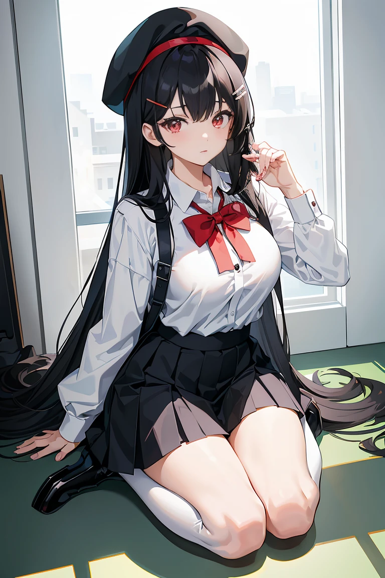 an anime girl, 1 person, black hair, hair clip on the right side of her bangs, black cap, light red eyes, white women's shirt, small light blue bow on the chest, office uniform, shirt close-fitting, tight skirt, stockings,full body, big breasts, front view, solo
