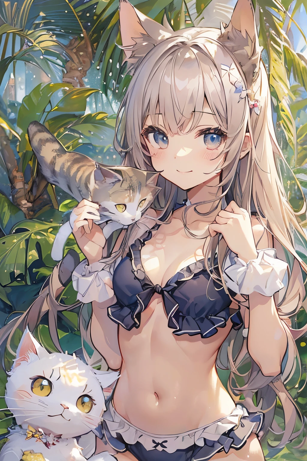 ((2D beautiful girl、top-quality、Perfect Finger 1.5、Perfect Anatomy 1.5、extremely delicate and beautiful illustration))、(Blur the background:1.2、cute petit girl、(transform sequence)、((Swimsuit with ruffles))、14years、Slender beautiful girl、Fractal Art、baby-face、((stright long hair))、Beautiful big drooping eyes:1.1、A smile、Full body depiction、Western-style garden、(1 persons)、quiet sandy beach、(knee high socks)、is standing、cat ear、