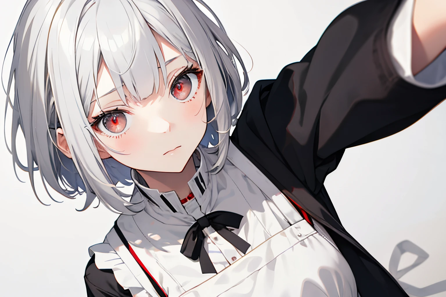 【Highest Quality, masutepiece】 [1 girl in, Manteau, expressioness, red eyes, front facing, White hair, Slender beauty,straight haired, Bery short hair ,Cafe apron] (Gray white background:1.5), no smile,