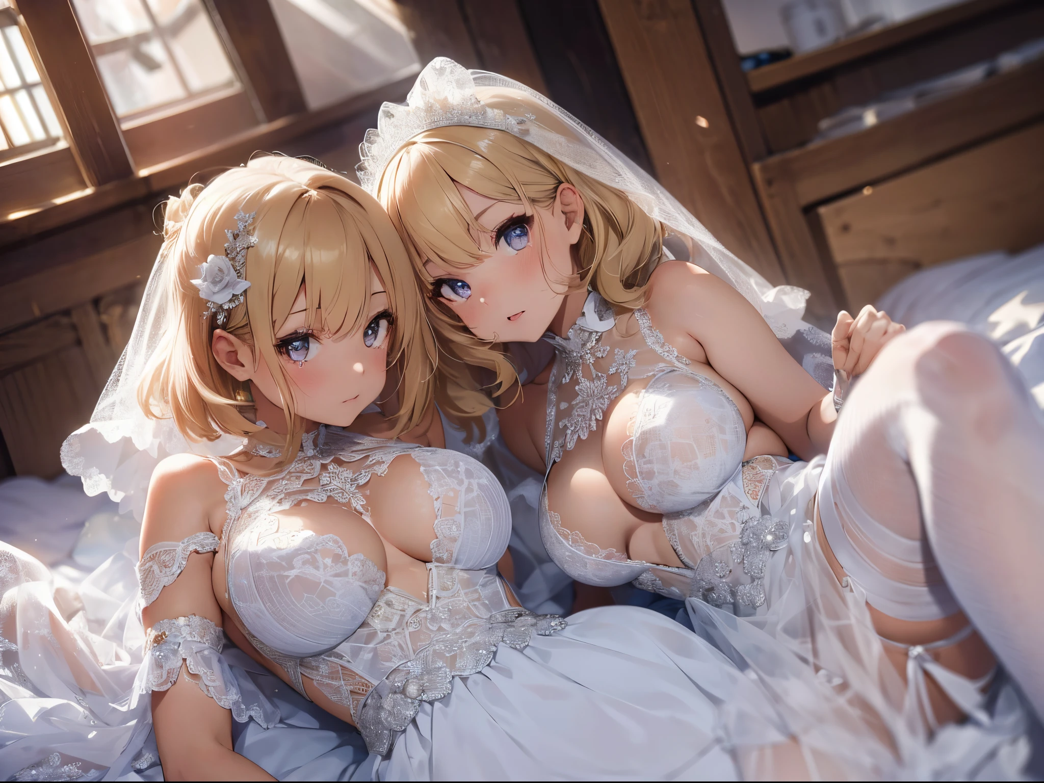 (Best Picture Quality, 4K, High Quality, Masterpiece:1.2), ((Masterpiece)), High Detail, High Quality, (HDR,16k, RAW Beautiful Girl Portrait, Best Picture Quality, Masterpiece:1.2), (Ultra-Definition Illustration), (nsfw), extremely cute, round face, (blond wavy short hair), (2 girls, lesbian:1.5), lying on bed, sleeping together, beautiful light, stare at each other, gorgeous wedding dress, sleeveless, wedding veil, embarrassed, crying hard, white pantyhose, garter belt, armpits, spread legs,