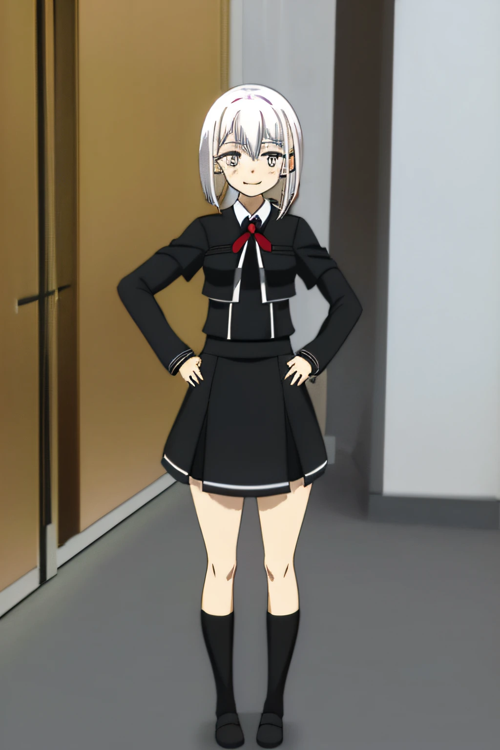MGRCNAGITAN, WHITE HAIR, GREY EYES, BLACK UNIFORM, BLACK SHIRT, LONG SLEEVES, BLACK SKIRT, RED BOWTIE, BLACK SOCKS, 1girl, solo, facing viewer, looking at viewer, upper body, smile.