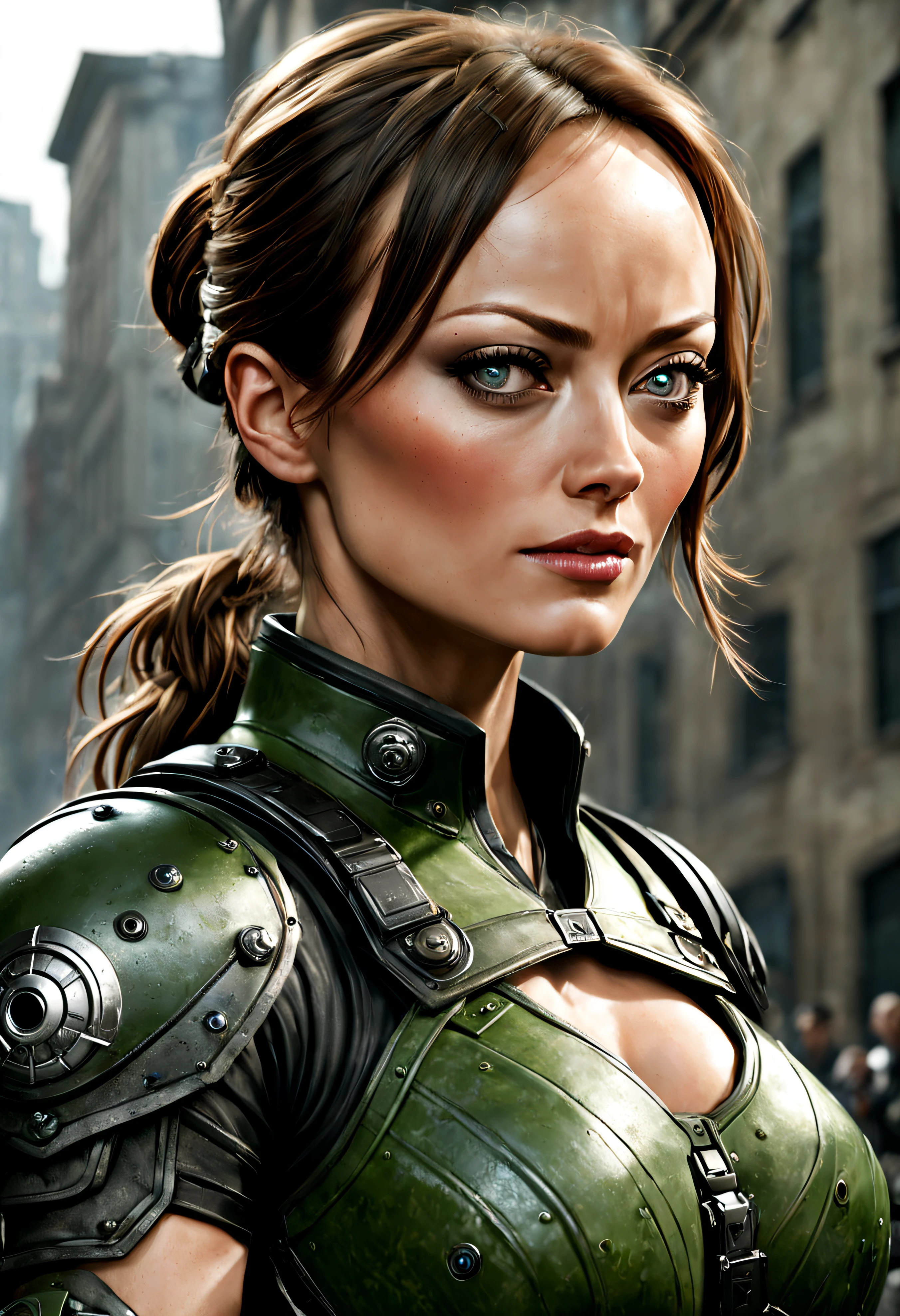 la exuberante guerrera parecida a olivia wilde de gears of war, ojos verdes, labios carnosos, bellisima, con su uniforme de combate sexy con minifalda, se encuentra en lucha en una ciudad con inmensos edificios semiderruidos, todo lleno de imaginacion,ciencia ficcion y (intrincados detalles de la maquina).imagen fotorrealista,nitidez maxima, calidad 8k.(obra maestra de calidad superior).