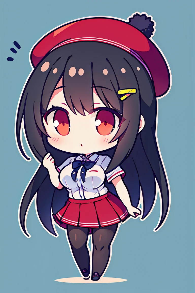 an anime girl, 1 person, black hair, hair clip on the right side of her bangs,hat, light red eyes, white women's shirt, small light blue bow on the chest, office uniform, shirt  close-fitting, tight skirt, stockings,chibi,full body, big breasts, front view, solo