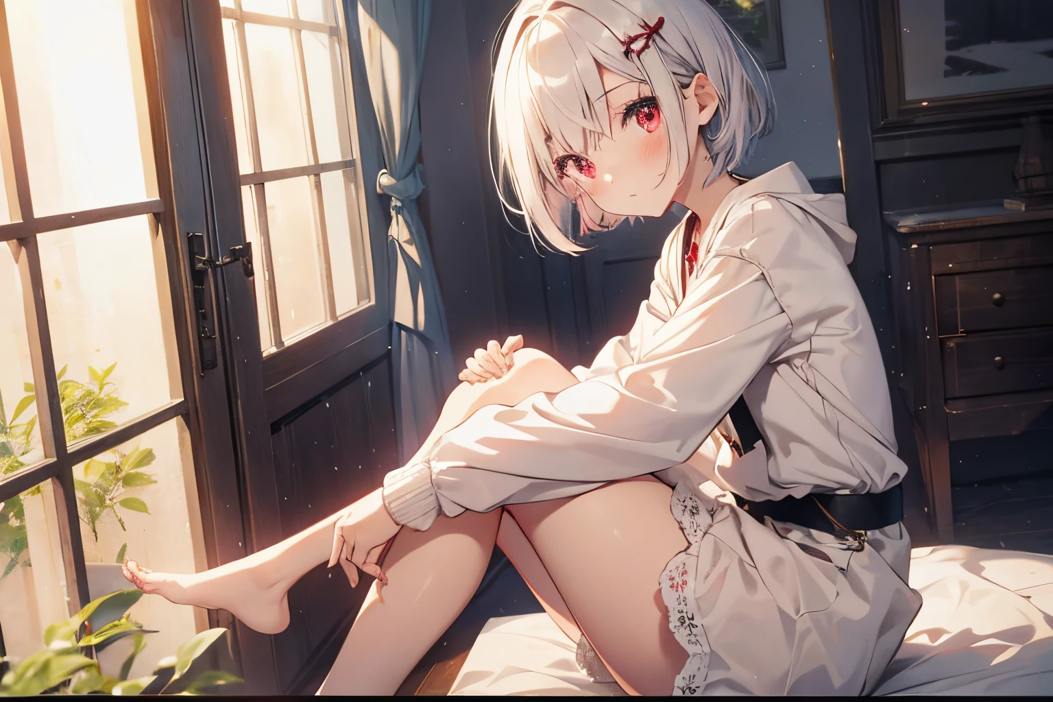 Loli, pale skin, sad face, cry, kneeing pose, very long multicolored hair, knife in hend, mantle, bare feet, dark forest, red flowers, focus on body, rainy weather, blood everywhere 