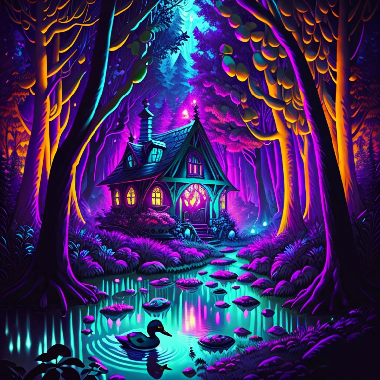 An incredible gothic setting in the enchanted forest and a surreal duck, tema Halloween, cores bege/vermelho/preto/branco/roxo, bioluminescence at night. surreal, intrincado/intrincada, SDLX/studio, vetor/neon light/degrade, alta qualidade, highes definition, alto detalhe, alta resolução, 8k