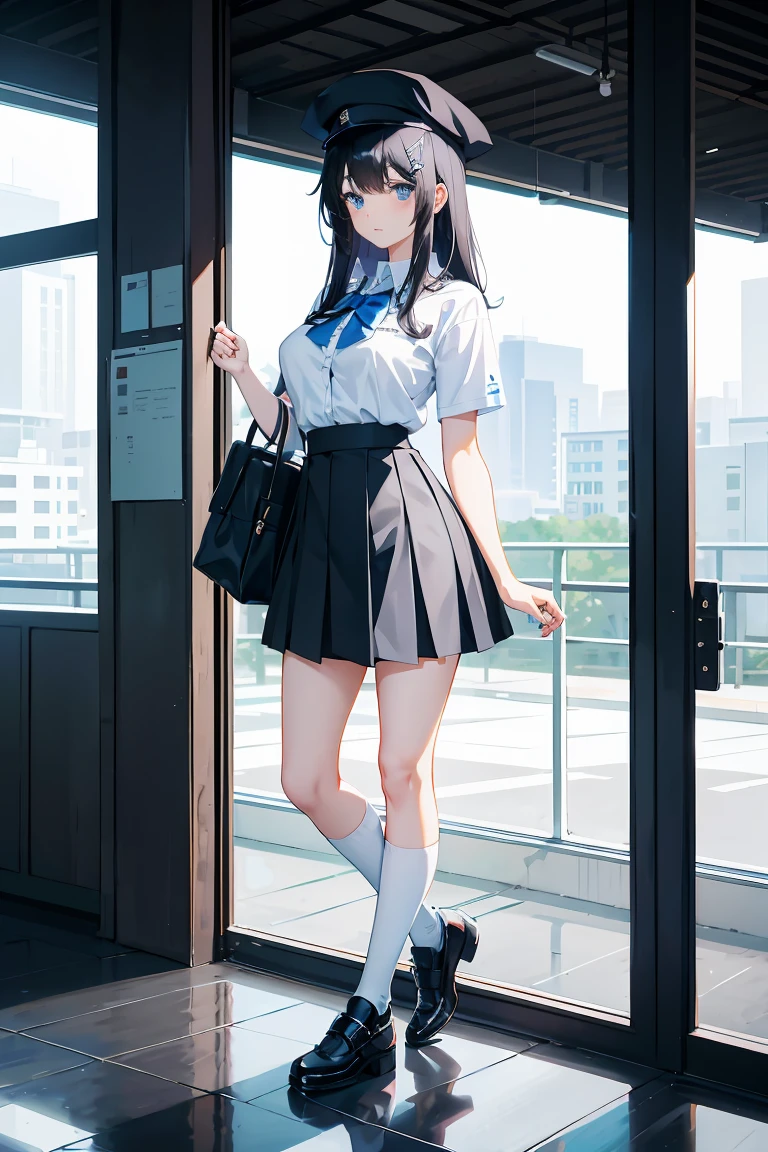 an anime girl, 1 person, black hair, hair clip on the right side of her bangs, black cap, light blue eyes, white women's shirt, small light blue bow on the chest, office uniform, shirt  close-fitting, tight skirt, stockings,full body, big breasts, front view, solo