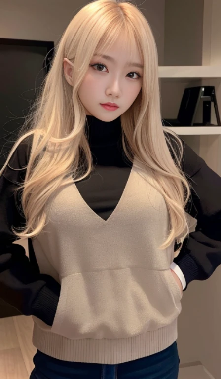 (Best Quality, in 8K, 32K, masutepiece, nffsw:1.3),photos of gorgeous korean women, Pottery muscles,White skin,A 23-year-old girl,Blonde longhair: 1.1, (Sweatshirts on top and bottom,parka: 1.1), Photography Studio, Ultra-detailed face, Detailed eyes, long eyelashes,Single eyelid,Hanging,Long and impressive eyes,Strong eyes,strong nose,Strict atmosphere,Proud Expression,Bullish appearance,Cool,Provocation,Confident home,reckless,manly,smart,tall