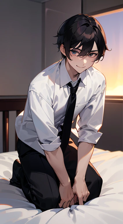 1 Boy, dark hair, white shirt, black slacks, on sheets, kneeling, seiza, (bare one's shirt:1.0), (open clothes:1.5）, cool, (sexy:1.3), Fascinating, evil smile, pale skin,(background: on bed in bedroom), (Facing forward.:1.0),(Looking forward:1.0), Turn body to the front, sunset, high quality, high resolution, masterpiece