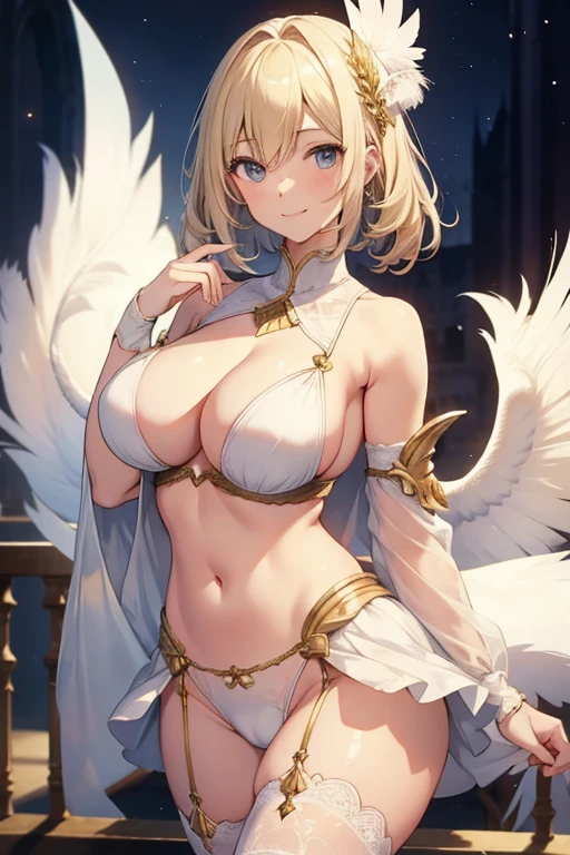 Fantasia, 1 girl with white feathers, feather ornament, blond, white undergarment, camel toe, Colossal tits, a miniskirt, kind smile