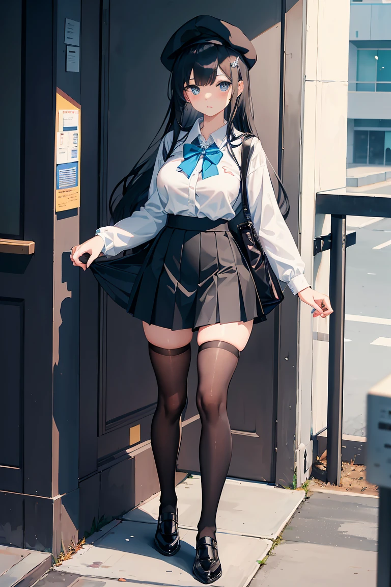 an anime girl, 1 person, black hair, hair clip on the right side of her bangs, black cap, light blue eyes, white women's shirt, small light blue bow on the chest, office uniform, shirt close-fitting, tight skirt, stockings,full body, big breasts, front view, solo