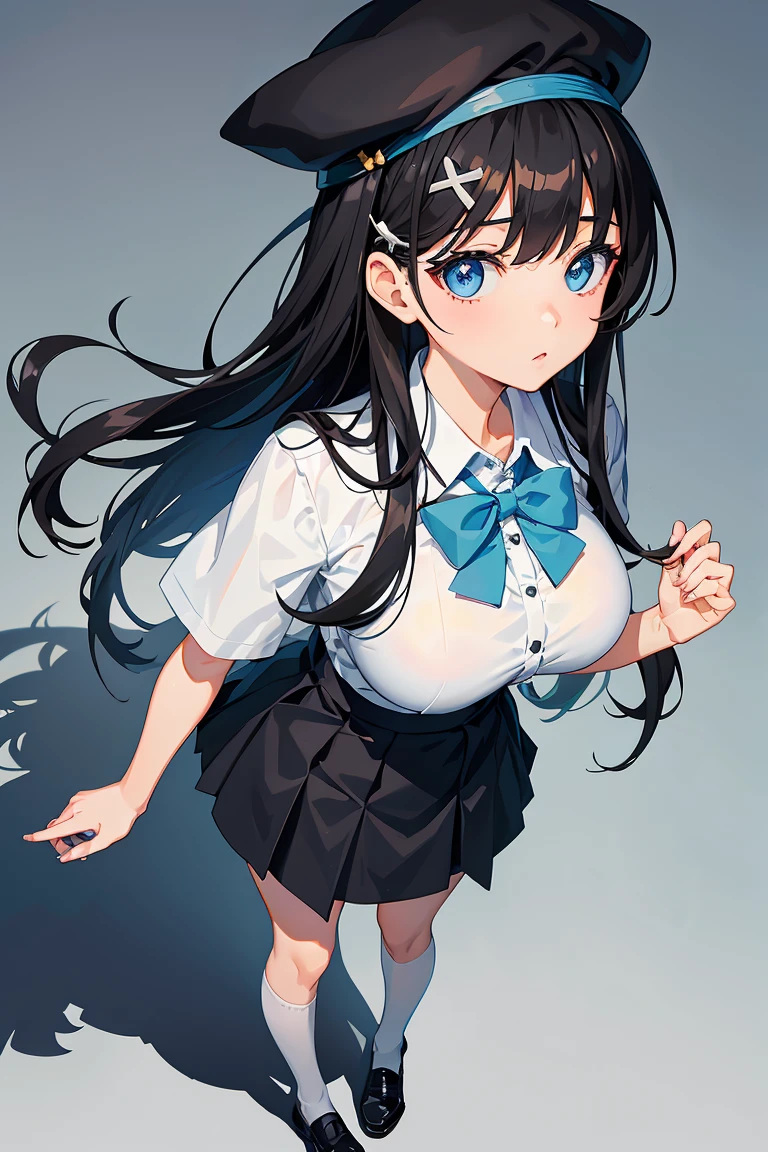 an anime girl, 1 person, black hair, hair clip on the right side of her bangs, black cap, light blue eyes, white women's shirt, small light blue bow on the chest, office uniform, shirt close-fitting, tight skirt, stockings,full body, big breasts, front view, solo