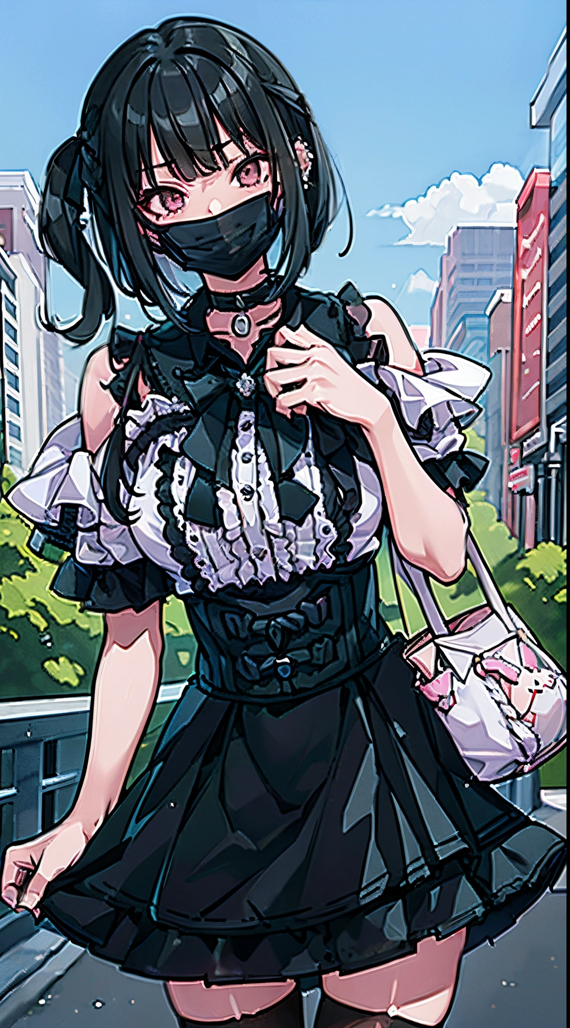 (8K、Top image quality、top-quality、​masterpiece)、1 girl in、A dark-haired、short-hair、(Twin-tailed)、waved hair、blunt bangs、Gray eyes、piercings、evilsmile、mask_pull、Moderately breasts、Pink ruffled clothes、off shoulders、a black ribbon、Black miniskirt、fishnet tights、(jirai kei attire)、cowboy  shot、((natta))、Downtown background