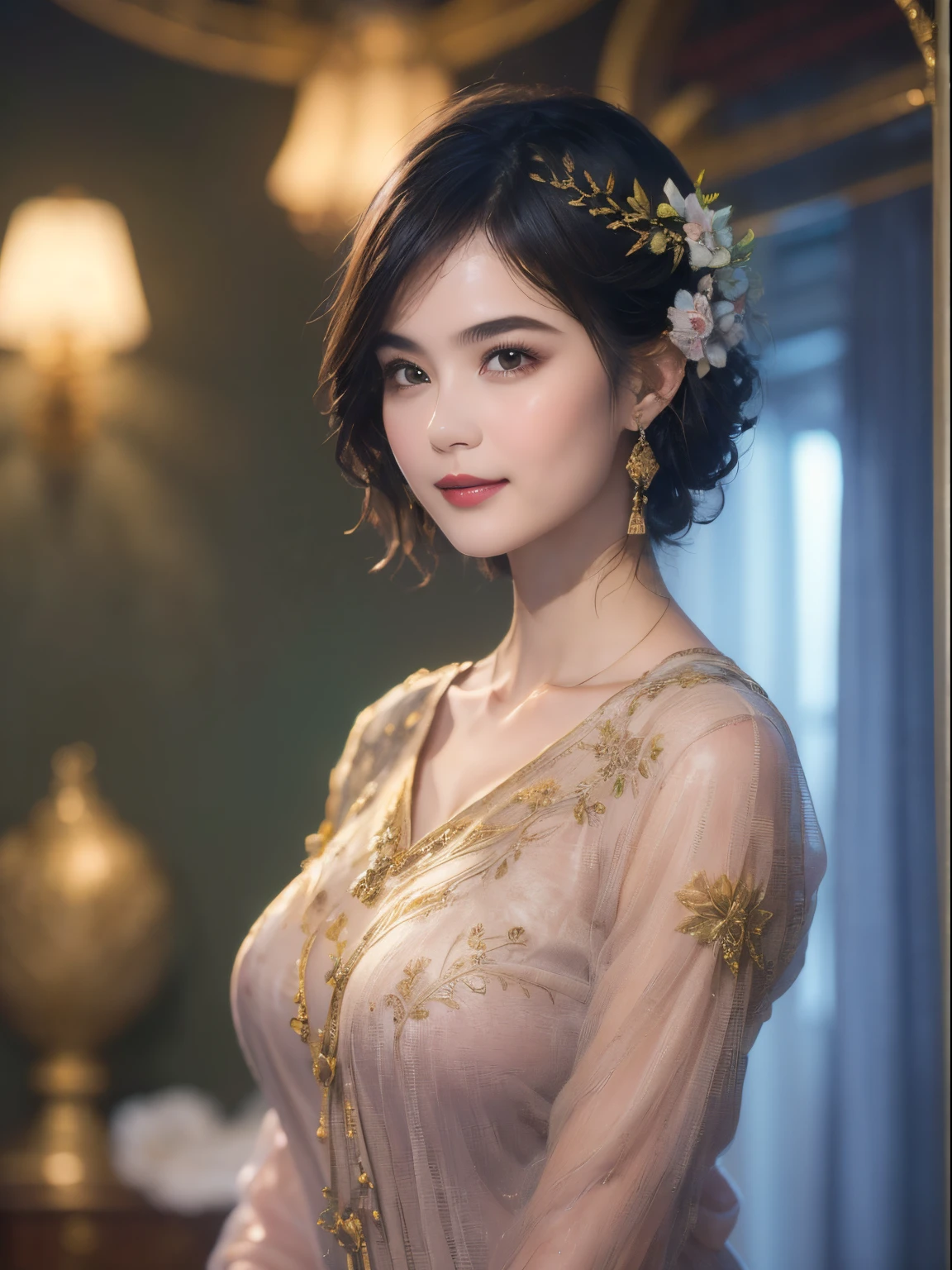 121
(a 20 yo woman,is standing), (A hyper-realistic), (high-level image quality), ((beautiful hairstyle 46)), ((short-hair)), (Gentle smile), (brest:1.1), (lipsticks), (florals), (Luxurious room), (Depth of field is deep), (Escher's mysterious paintings)