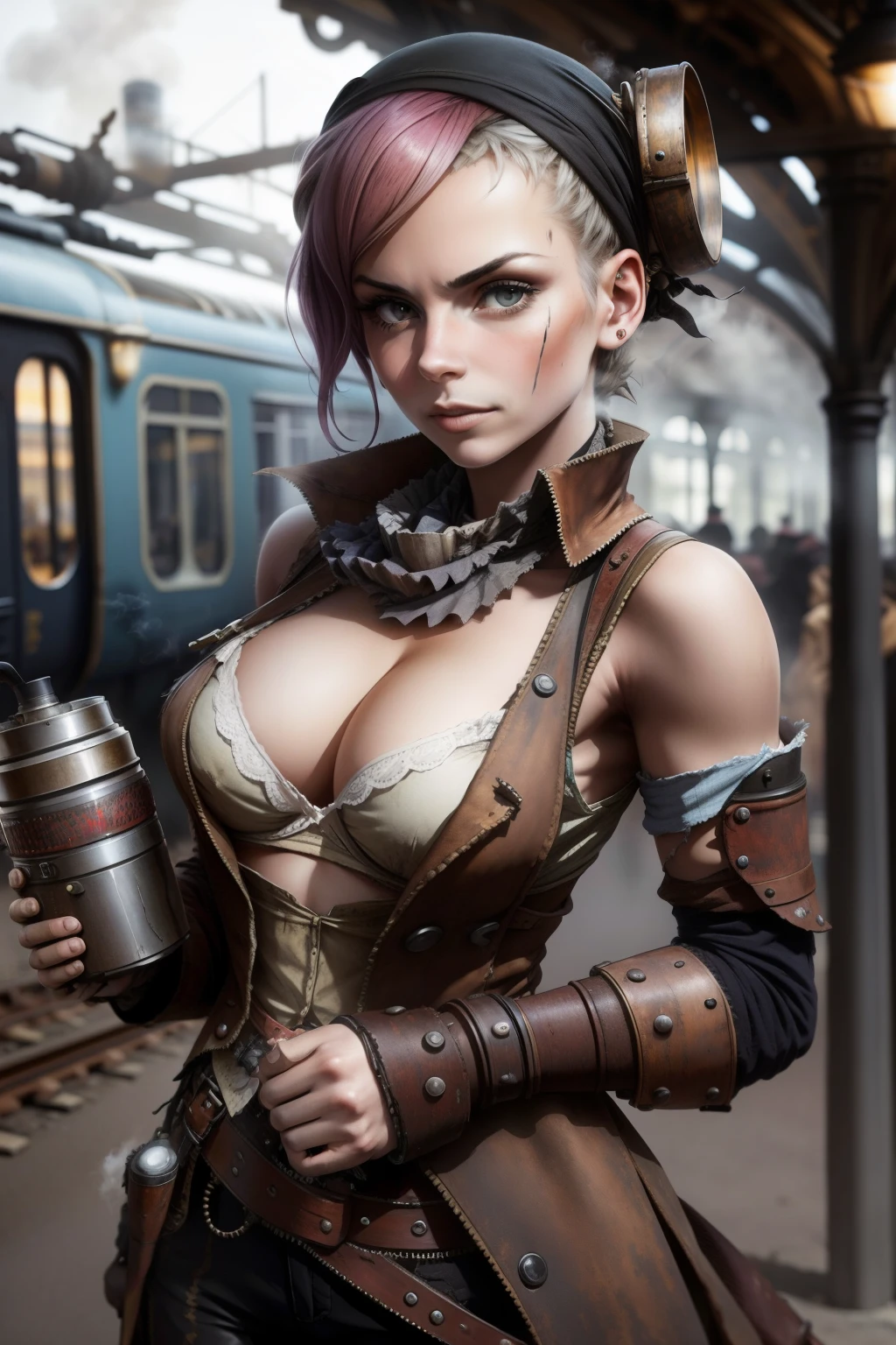 1fille avec ((Canon à bras)), SteamPunkAI, , gare, train punk à vapeur,