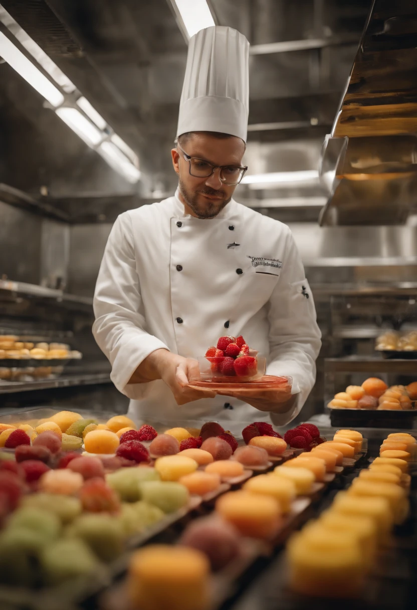Hi-detailed Image of chef standing in front of architecting fractal geometric desserts by precisely extruding dairy and fruit extracts with a molecular gastronomy 3D printer, proud, high quality