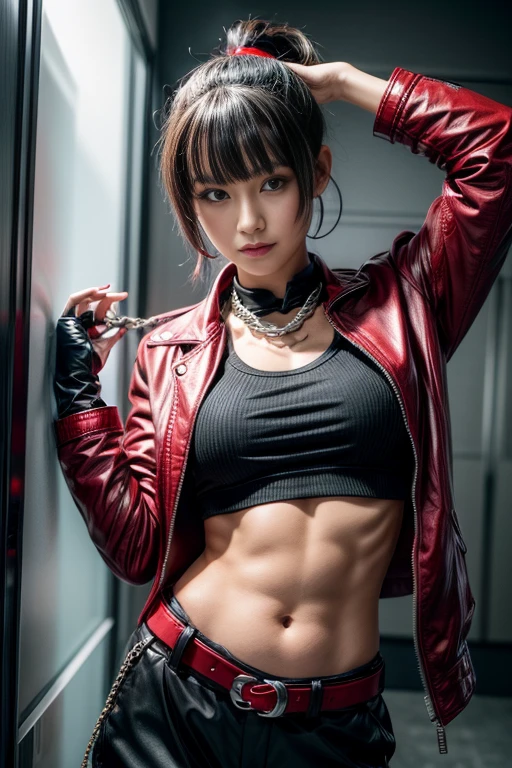 Young Girl, black and red short hair, High Ponytail, Gray eyes, ssmile, open belly, black trousers, Red jacket, tie, a belt, chains, Tattoos, Iron Gauntlet, face tattoos, masutepiece, hiquality, 4K, hard disk, good detail