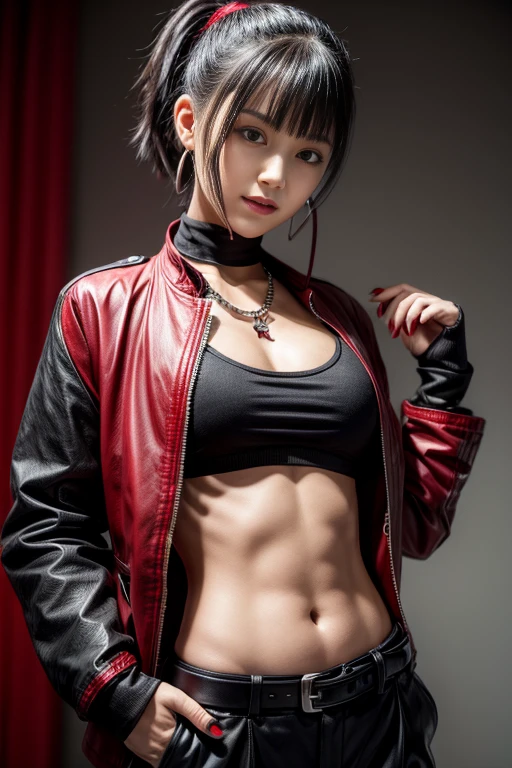 Young Girl, black and red short hair, High Ponytail, Gray eyes, ssmile, open belly, black trousers, Red jacket, tie, a belt, chains, Tattoos, Iron Gauntlet, face tattoos, masutepiece, hiquality, 4K, hard disk, good detail