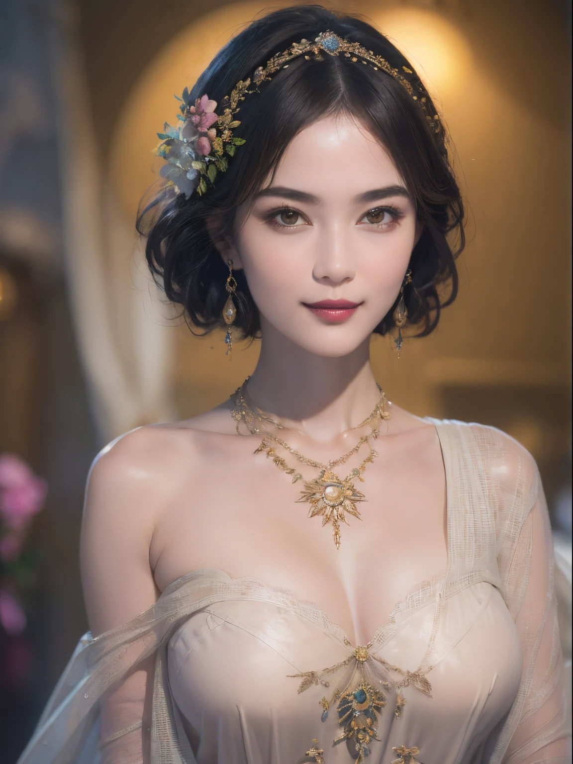 121
(a 20 yo woman,is standing), (A hyper-realistic), (high-level image quality), ((beautiful hairstyle 46)), ((short-hair)), (Gentle smile), (brest:1.1), (lipsticks), (florals), (Luxurious room), (Depth of field is deep), (Escher&#39;s mysterious paintings)