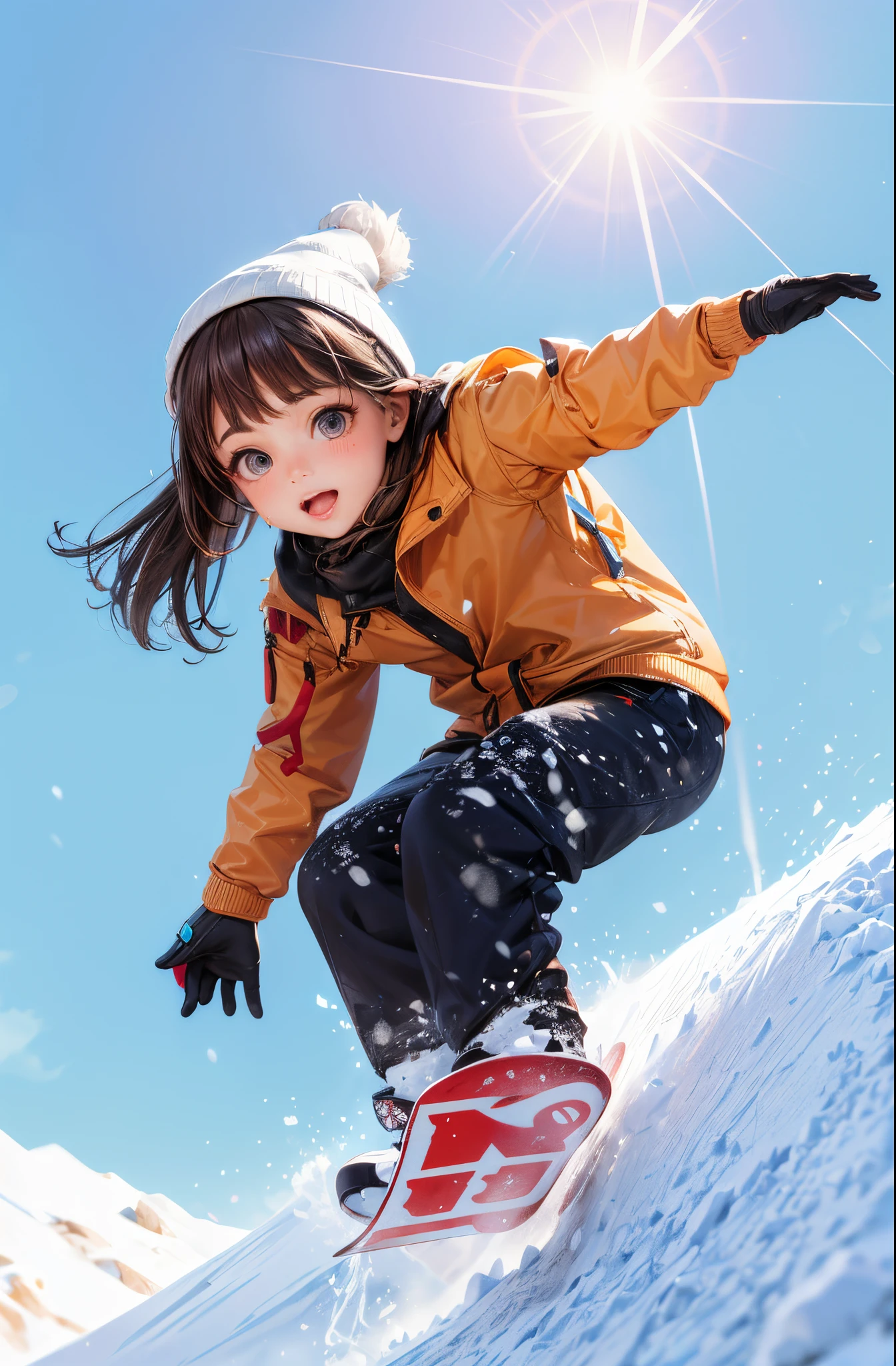 1girl, ite girl, whole body, chibody, beautiful shining body, bangs,((darkbrown hair:1.3)),high eyes,(aquamarine eyes), petite,tall eyes, beautiful girl with fine details, Beautiful and delicate eyes, detailed face, Beautiful eyes,natural light,((realism: 1.2 )), dynamic far view shot,cinematic lighting, perfect composition, by sumic.mic, ultra detailed, official art, masterpiece, (best quality:1.3), reflections, extremely detailed cg unity 8k wallpaper, detailed background, masterpiece, best quality , (masterpiece), (best quality:1.4), (ultra highres:1.2), (hyperrealistic:1.4), (photorealistic:1.2), best quality, high quality, highres, detail enhancement,ski slope,beanie, Snowboarding, winter blue sky, snowboarding wear, bouncing hair