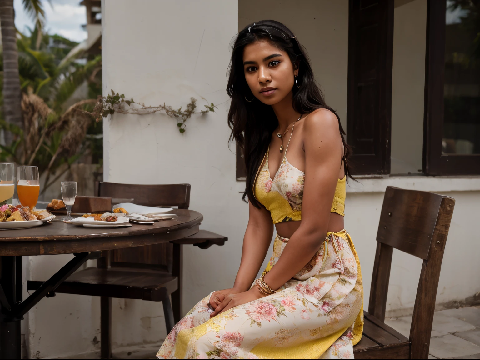 (Full body portrait:1.4), RAW UHD portrait full body photo of a 22-year-old Sri Lankan woman named Kasuni, long dark hair, dark skin, black eyes, athletic feminine features, abs, DSLR, ultra quality, sharp focus, tack sharp, photorealistic, detailed skin pores, detailed hands, detailed face, oiled skin, intricate eye detail, ((sitting into dinner table full of food plates)), hotel outdoor background, ((from side, looking at camera)), Fixface, ((full-length floral beach dress)), loafers, small earrings, necklace, colorful bangles.