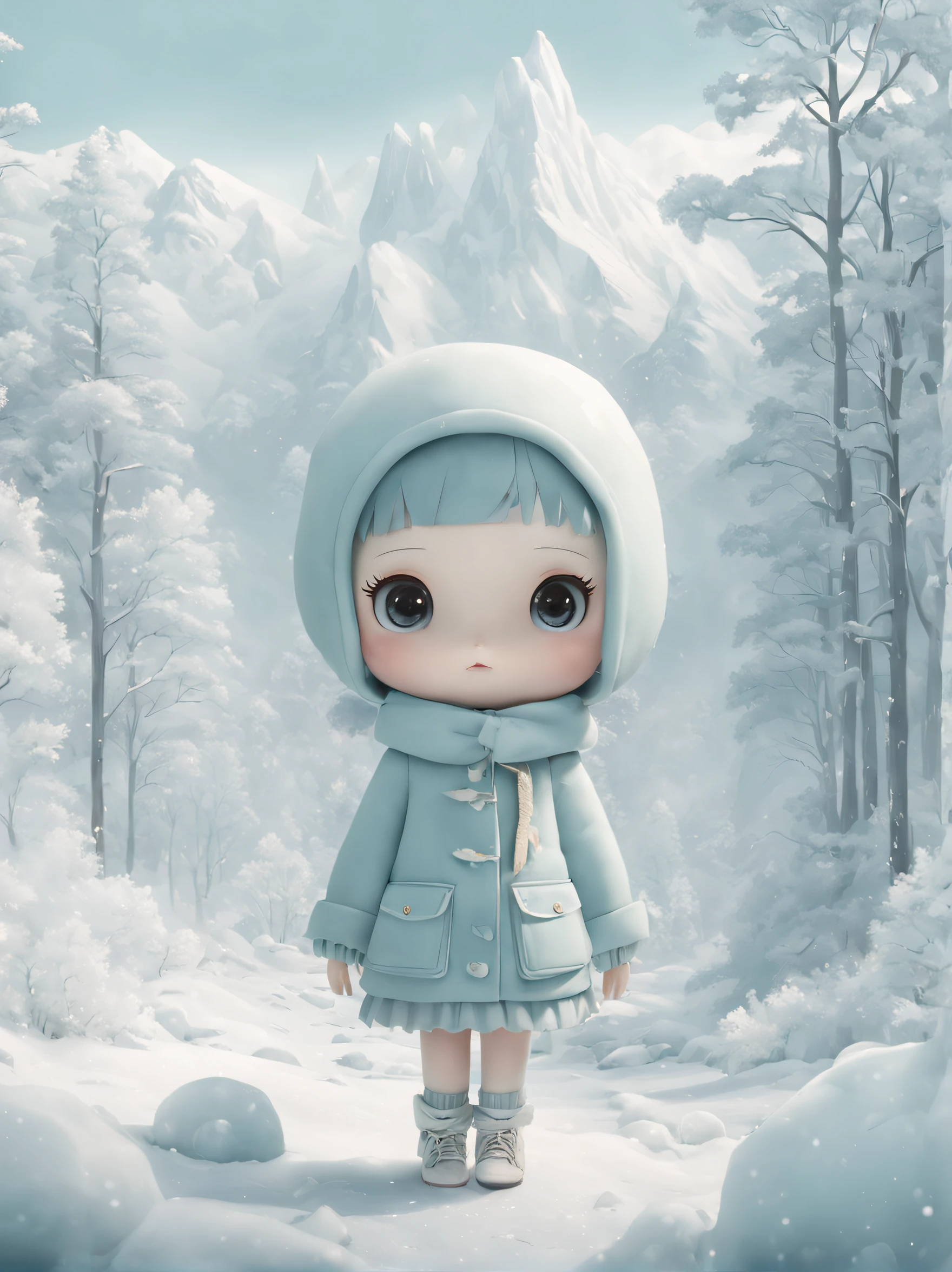 Cute kawaii ethereal glacier ice theme winter fashion, 奈良美智、Ray Caesar、Liuye Design, magical scenic misty foggy snowy mountain forest environment ❄️🌨️⭐️🌟✨