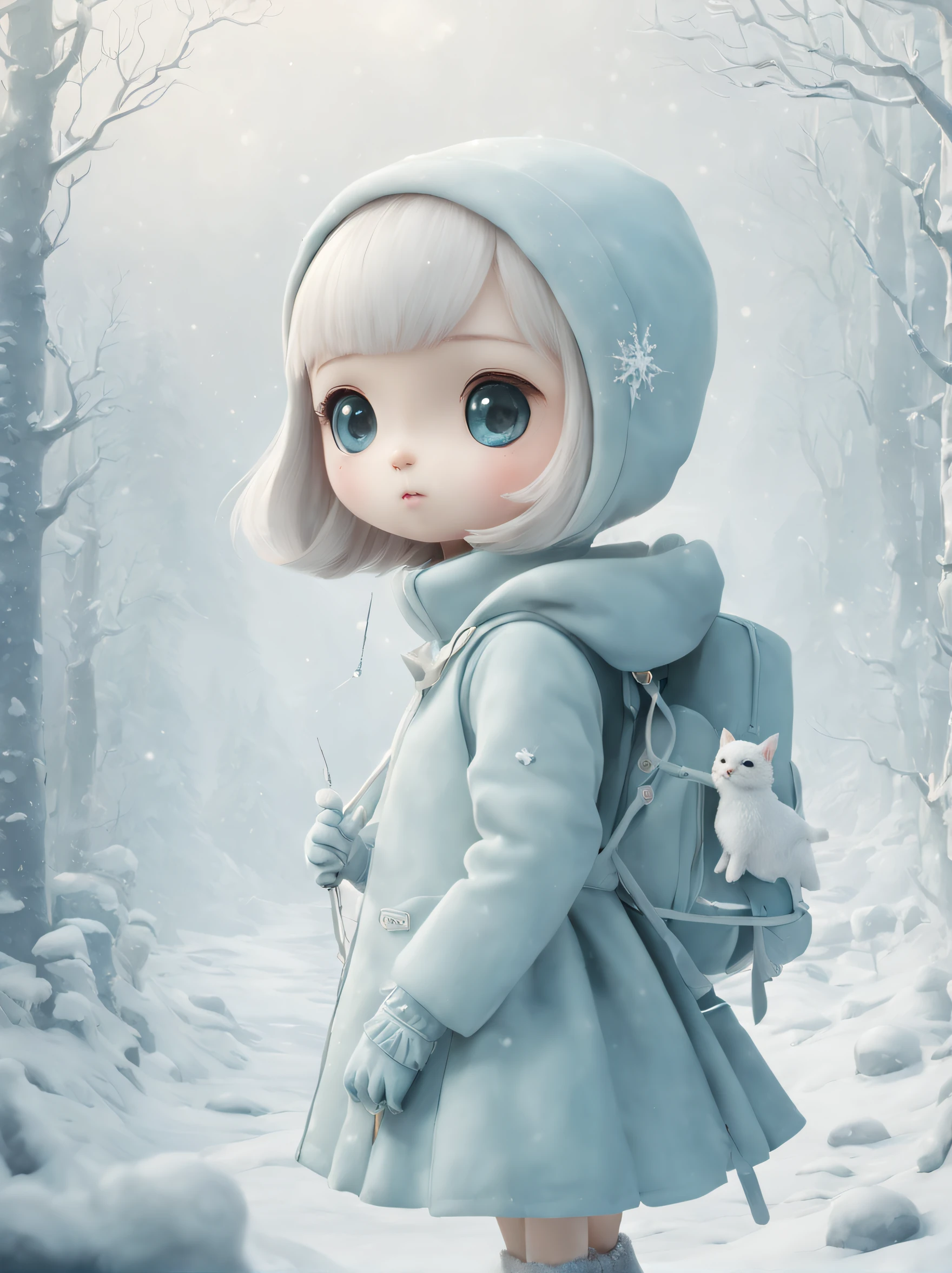 Cute kawaii ethereal glacier ice theme winter fashion, 奈良美智、Ray Caesar、Liuye Design, magical scenic misty foggy snowy mountain forest environment ❄️🌨️⭐️🌟✨