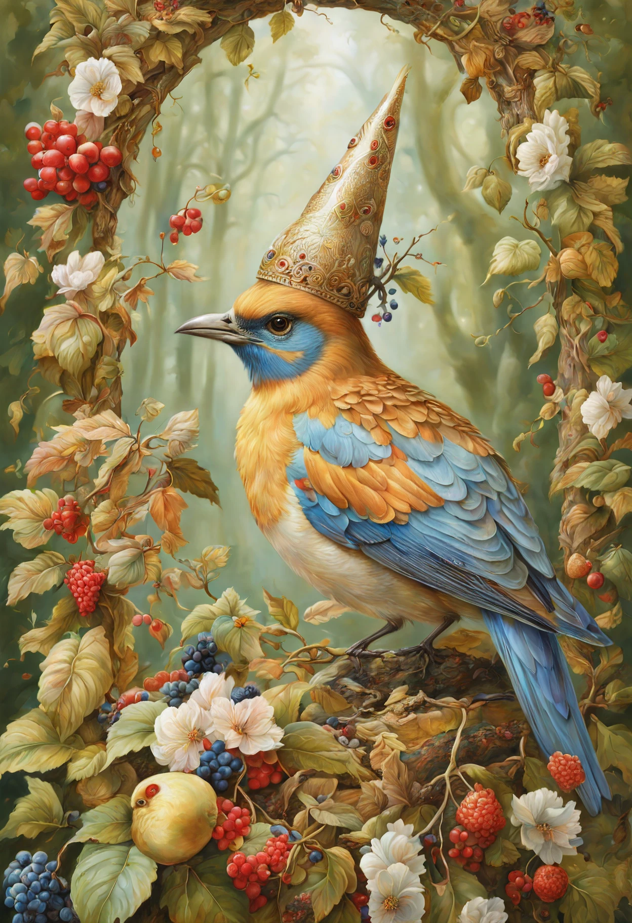 Whimsical and beautiful fantasy bird with party hats, encircling a feast of birdseed and berries, forest setting, art by James Christensen, magical forest, covered in botanicals and flowers, ornate, hyper detailed face and eyes, dripping paint, overgrown, abandoned, intricate, filigree, mother of pearl, 3D, fabulous, fantastical, gold leaf trim, magical, masterpiece painting, hyper detailed, captivating, enchanting, intense, scattered light, composed using the golden ratio, award winning, perfect composition, ultra hd, 8K, realistic, highly detailed, lighting by Vladimir Volegov and Steve Hanks