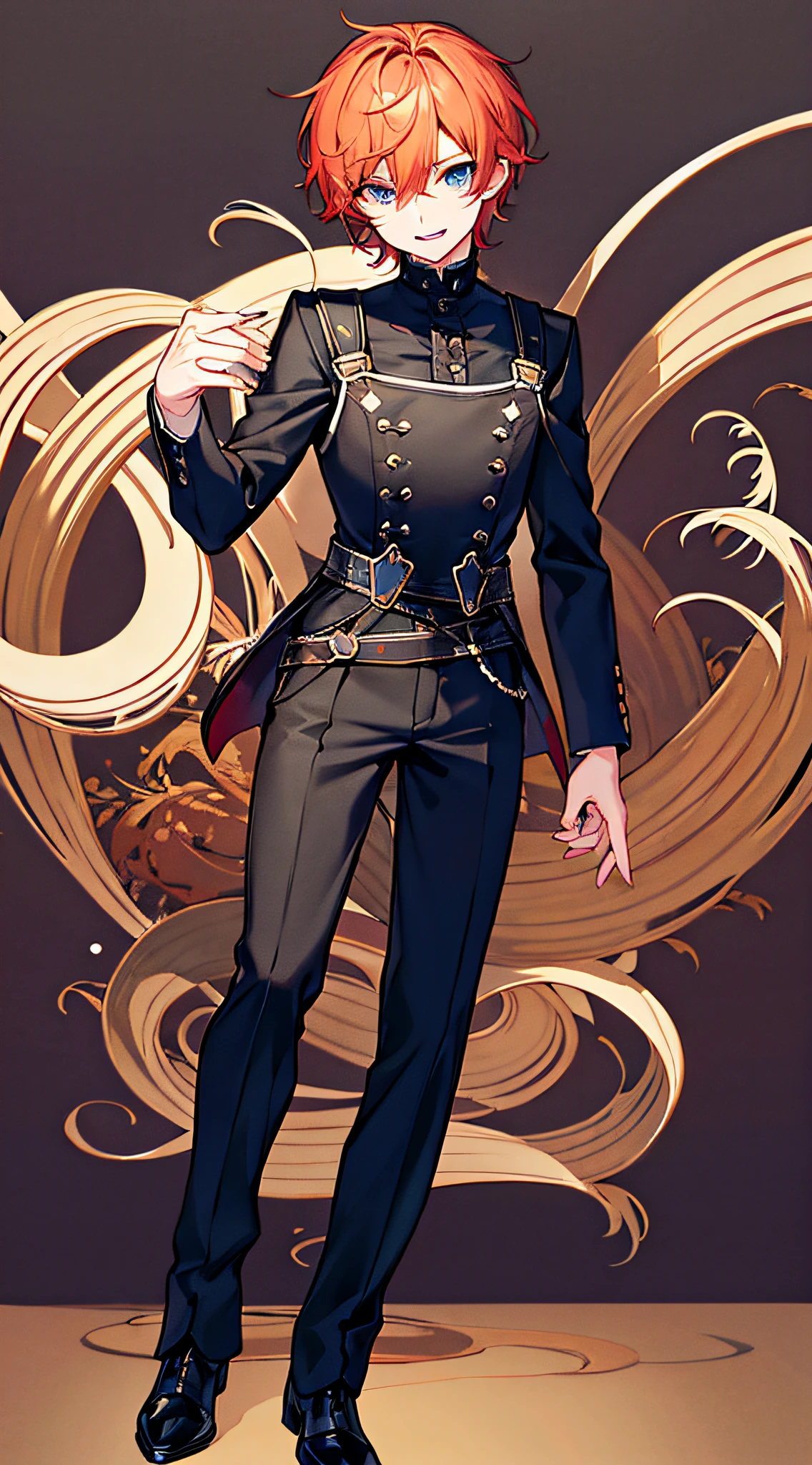 Full body, Upright, Arms at sides, Looking at Viewer,masutepiece, Best Quality, 1 male, Adult, finely detailed eyes, Intricate details, Short ginger hair, Blue eyes, GenshinImpact, Tartagria, goth, Black shirt, Black Harness, Simple background, Open mouth, Smile, Virtual Youtuber