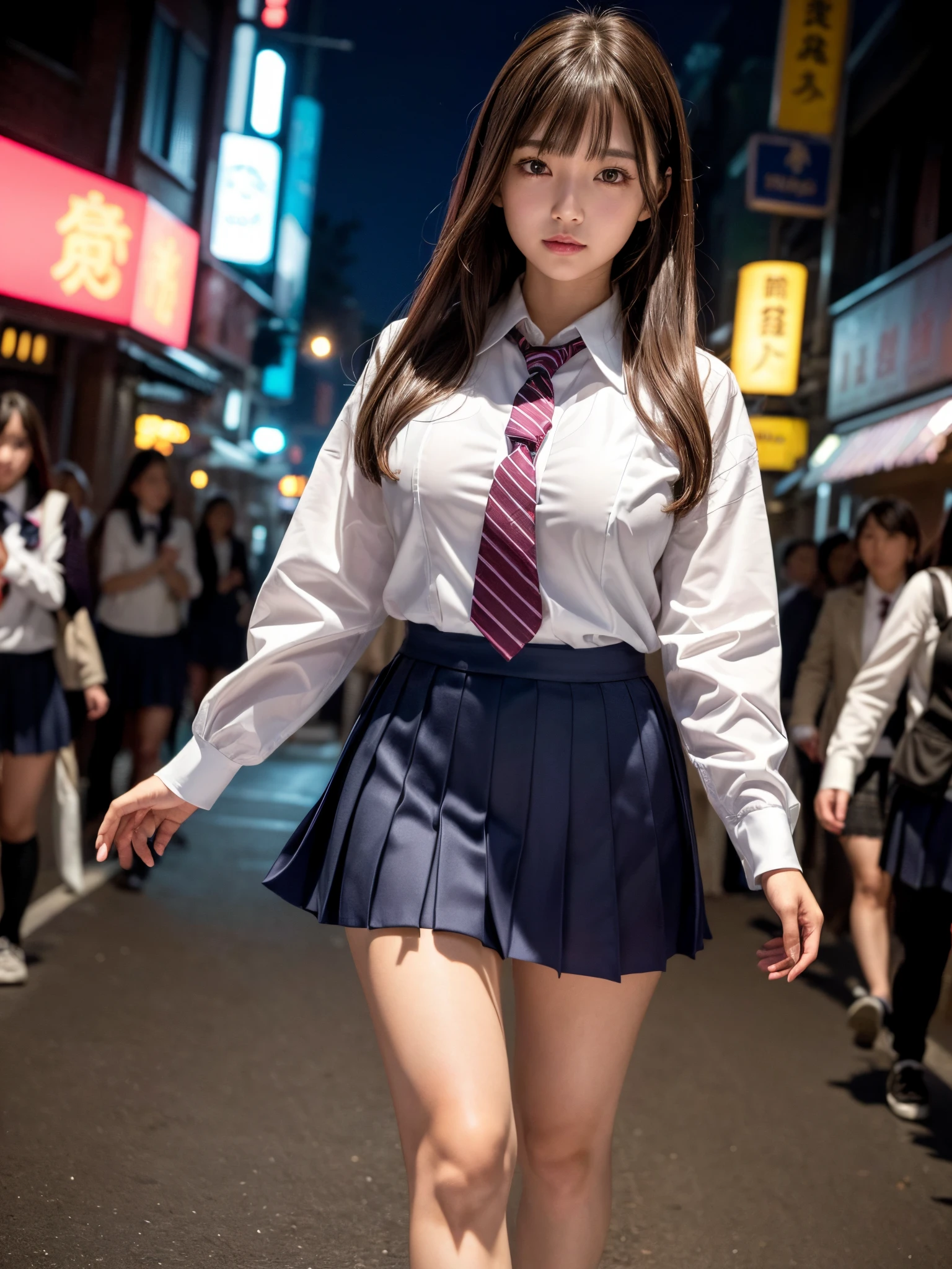 1girl in、(looking looking at viewer)、(bokeh dof:1.1)、Parted lips、deadpan、realisitic、tights、School uniform:1.4、sky line、realisitic、up skirt、skirt rift、top-quality、masterpiece:1.3、超A high resolution、Angle of view from below:1.3、Close-up in the crotch:1.4、Embarrassed look、The background is a night view、(Look Viewer:1.4)