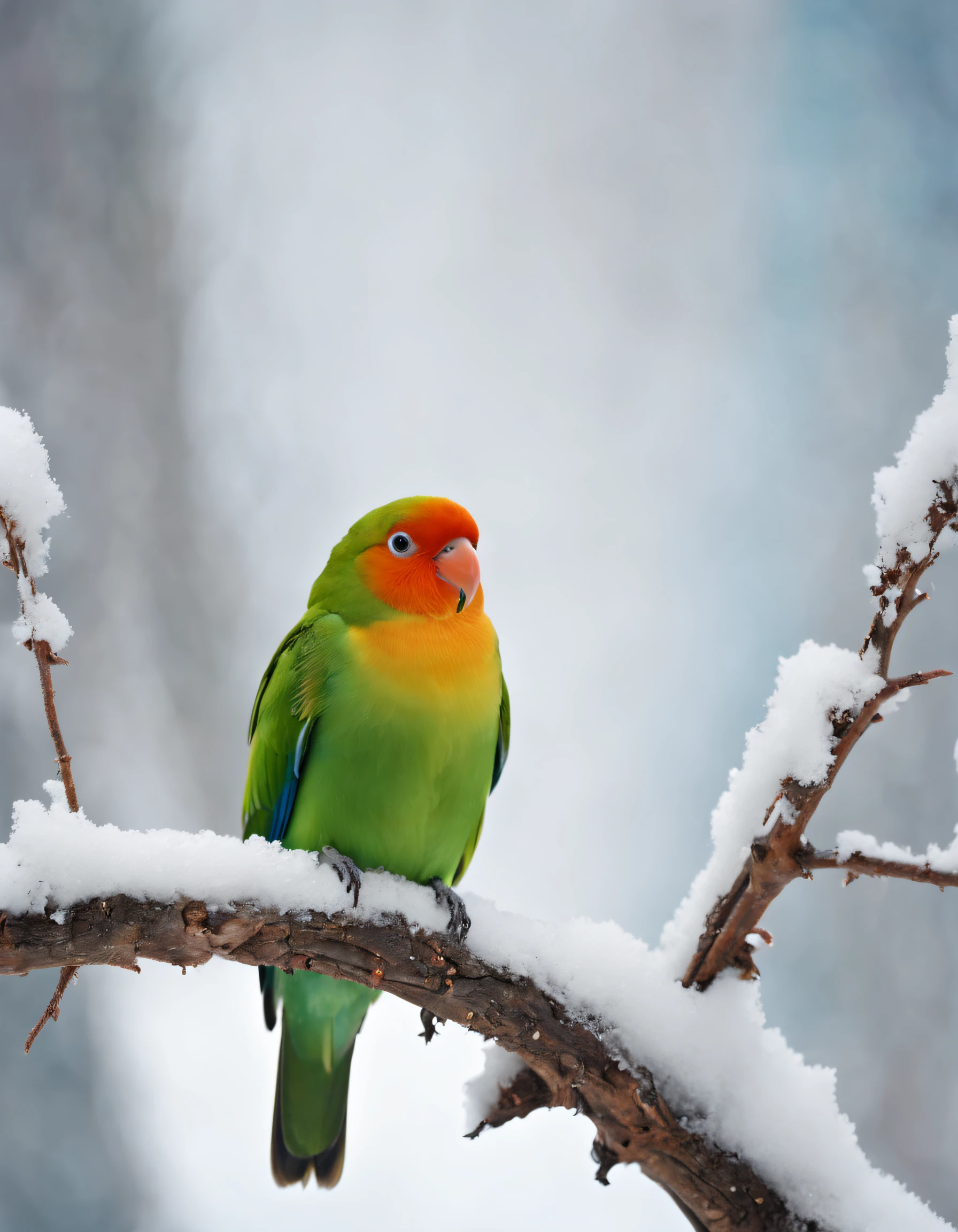 Beautiful lovebirds sitting on branches of snow glacier:: beautiful wallpaper:: free