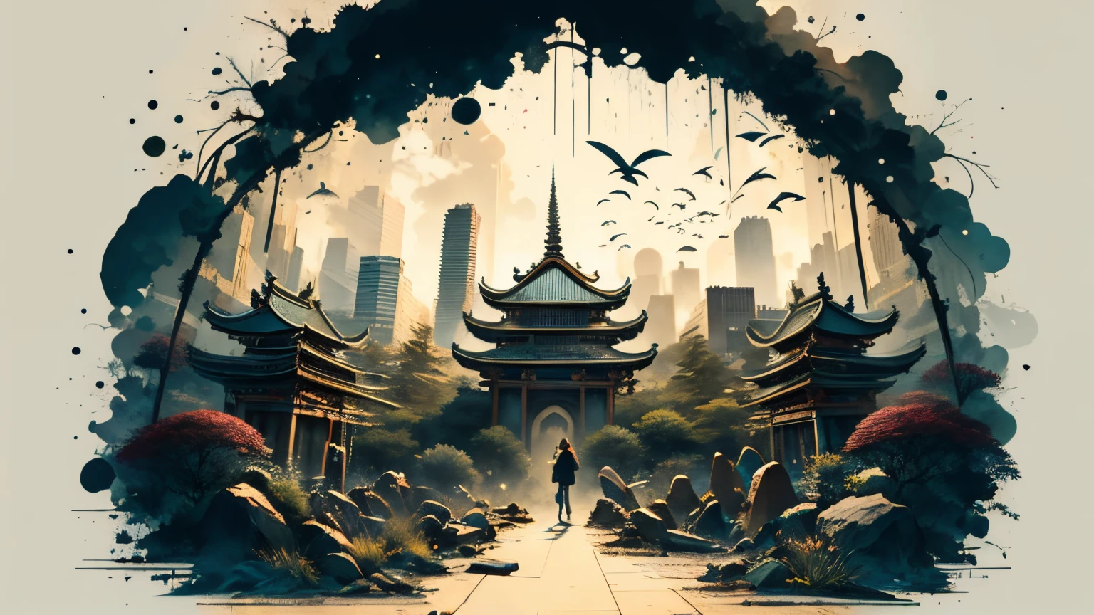Absurd, high resolution, ultra-detailed, (1 girl:1.3), broken, design a beautiful temple scene, intricate architecture, lush gardens, and a sense of peace and spirituality. Broken, creating an image of a destructive demon with terrifying features, dark powers, and a thirst for chaos and destruction. Broken, designed with a fisheye effect image that captures a wide field of view with a unique curved viewing angle. Break to create rooftop views in urban environments with panoramic cityscapes, dramatic skylines, and a sense of elevation. Break , illustrating the tender moments between parents and children, capturing their bonds, love, and connection. Broken, using pointillism to illustrate images, carefully placed tiny dots of color to create a cohesive and visually stunning whole.